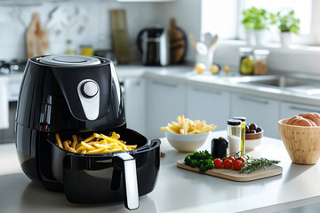 Modern air fryer cooking French fries on modern kitchen counter with fresh ingredients