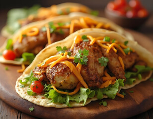 Grilled chicken tacos with lettuce , cheese and salsa on a wooden board 