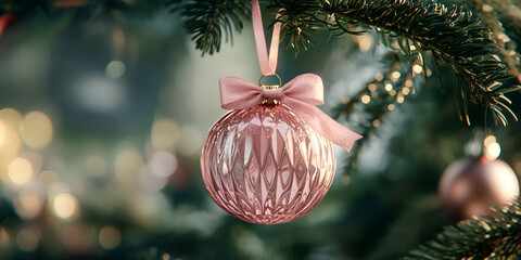 Pink Christmas Bauble Hanging from Snowy Tree