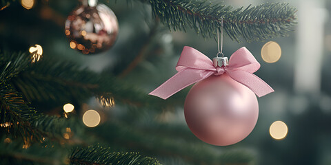 Pink Christmas Bauble Hanging from Snowy Tree