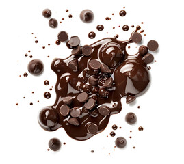 Obraz premium Melted chocolate pieces on white background, top view