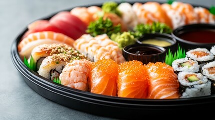 A traditional Japanese sushi platter with assorted sushi and sashimi, perfectly arranged in a circular formation, with decorative garnishes and dipping sauces. Traditional, Cultural, Realism,