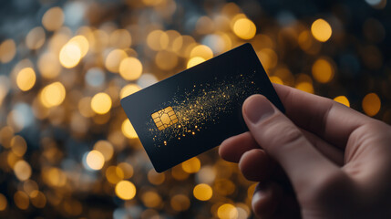 A stylish black bank card is held by a hand with a glimmering gold bokeh backdrop, perfect for evoking the magic of Christmas shopping and Black Friday deals.
