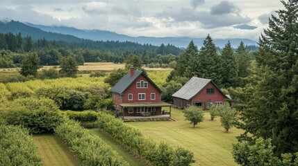 Fototapeta premium A tranquil family farm enclosed by a ring of fruit trees, the farmhouse and barn framed by nature's bounty, a harmonious blend of agriculture and nature