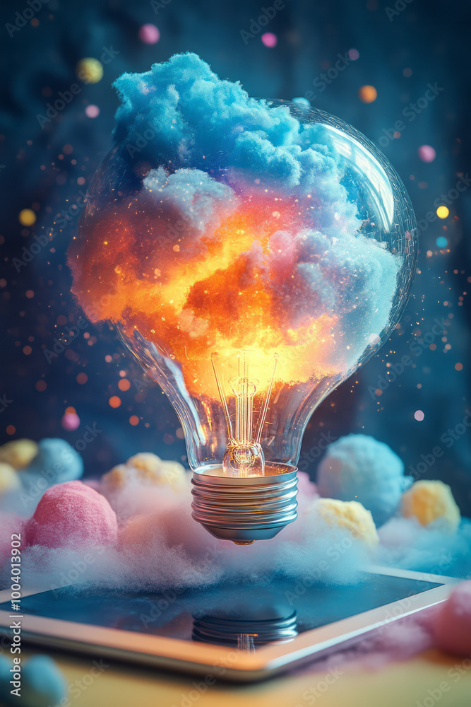 Poster a digital tablet with a glowing screen showing virtual classroom materials, floating on a pastel sur