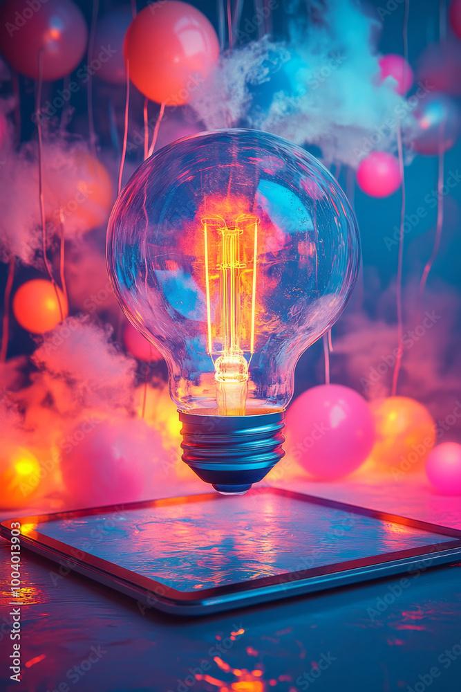 Poster a digital tablet with a glowing screen showing virtual classroom materials, floating on a pastel sur