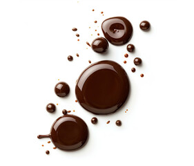 Obraz premium Round drops of liquid chocolate isolated on white background, top view