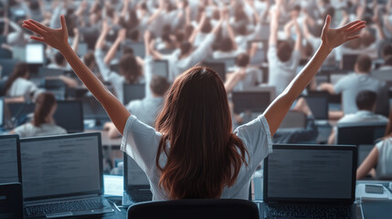 The back view of a young woman with arms stretched upward in jubilation, surrounded by a sea of employees typing on their computers, all reacting to an exciting announcement at a c