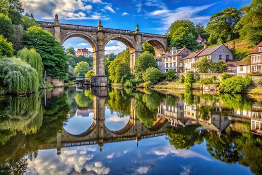 Worm's eye view of Knaresborough and River Nidd with perfect reflection of viaduct.