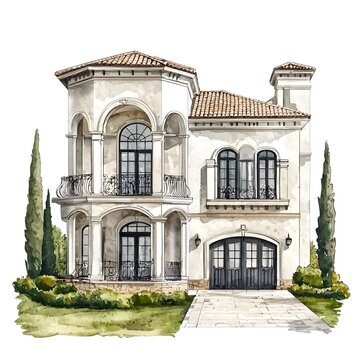 Watercolor of a Luxurious Architectural Model of a Magnificent Estate House Exterior