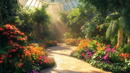 Naklejka premium A vibrant botanical garden within a circular greenhouse, colorful flowers arranged in perfect spirals, with sunlight streaming through the glass roof, creating a peaceful and balanced scene.