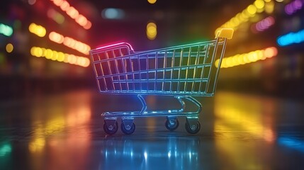 Cyber Monday shopping frenzy with glowing sales icons, digital shopping carts, and virtual reality headsets
