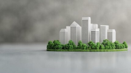 Miniature city skyline with greenery, isolated on a neutral background.
