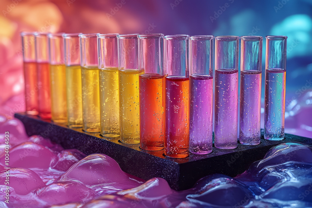 Poster a test tube rack with multiple colorful samples, floating in pastel space,