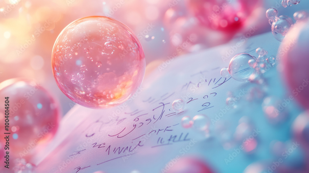 Poster a scientistâ€™s notepad with handwritten equations, floating on a light pastel surface,
