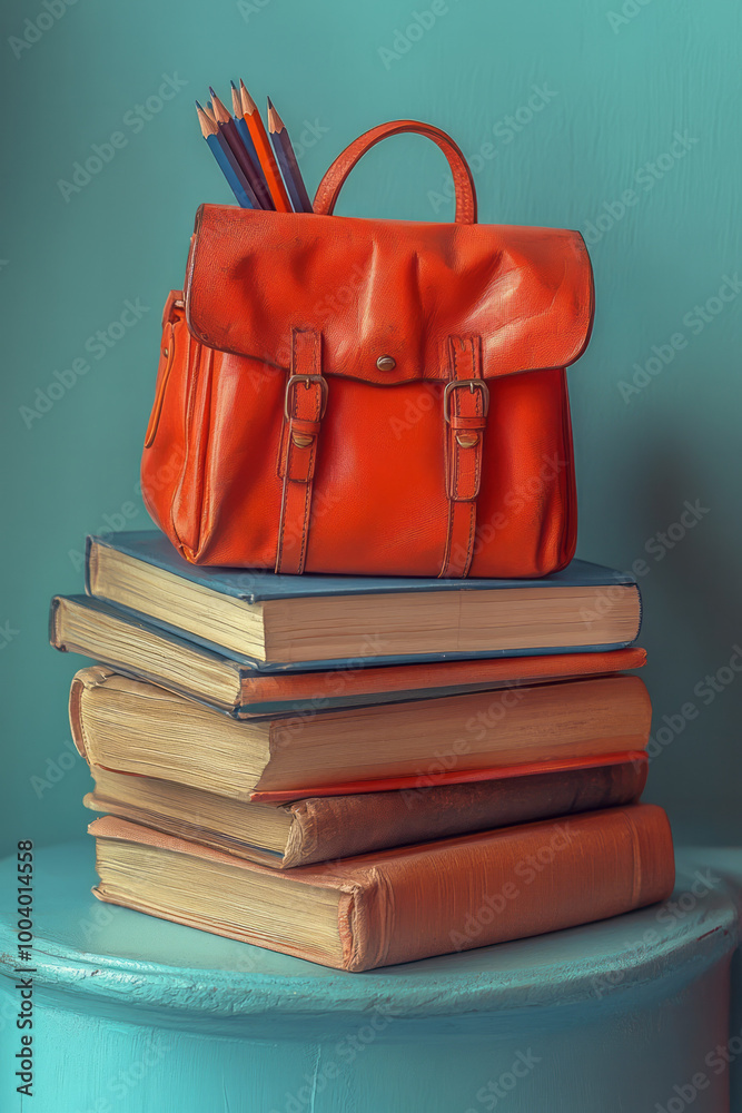 Poster a stack of textbooks and a pencil case, isolated on a light pastel surface,
