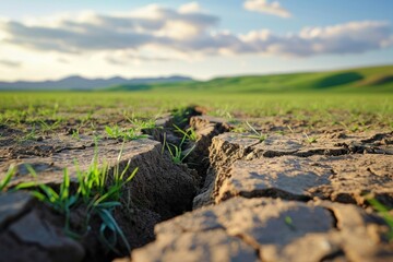 Fototapeta premium Ground crack and green grass in half landscape outdoors climate.