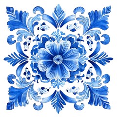 Fototapeta premium Watercolor Blue and White Floral Tile Pattern.