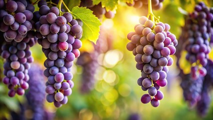 Worm's eye view of purple grapes on vine with bokeh effect