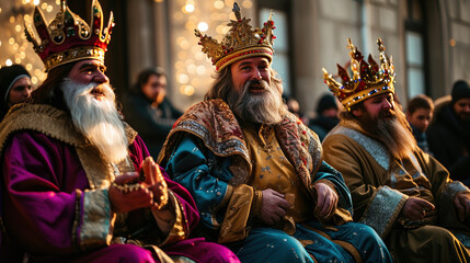 Fototapeta premium Majestic portrayal of Three Kings in ornate robes and crowns against a sunset backdrop. Concept for Dia de Reyes Magos day,Three Wise Men