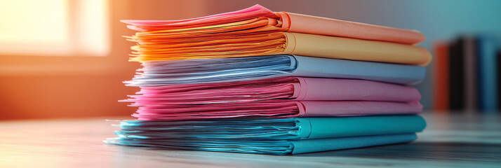 A stack of graded papers and a teacherâ€™s stamp, floating on a light pastel background,