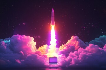 Vibrant Rocket Launch in Colorful Clouds