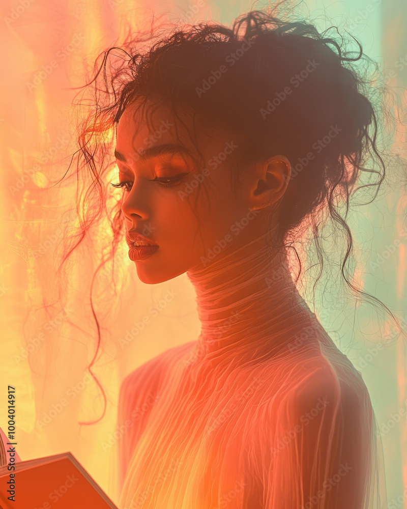 Poster a person reading a book with a soft light surrounding them, isolated on a pastel background,