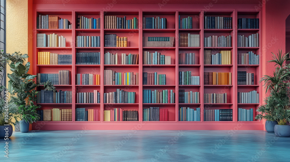 Aufkleber a bookshelf full of learning materials and self-development books, isolated on a pastel gradient,