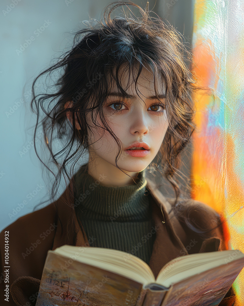 Poster a person reading a book with a soft light surrounding them, isolated on a pastel background,