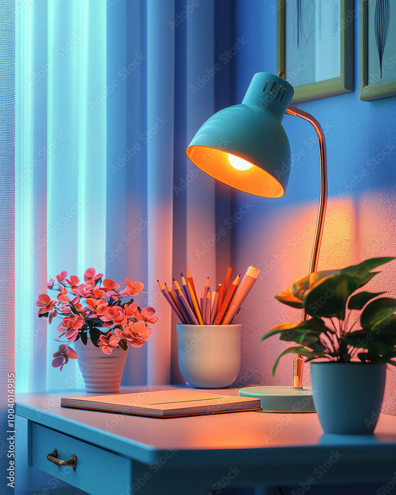 Poster a peaceful desk setup with a glowing desk lamp and self-study materials, isolated on a pastel backgr