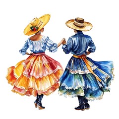 Fototapeta premium Watercolor Painting of Two People in Traditional Clothing Dancing.