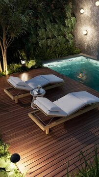 Small pool with two sun loungers surrounded by plants in the evening. 3d render