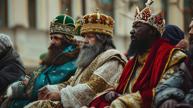 Majestic portrayal of Three Kings in ornate robes and crowns against a sunset backdrop. Concept for Dia de Reyes Magos day,Three Wise Men