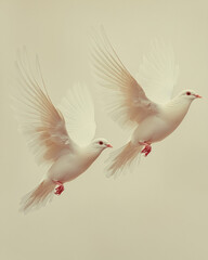 Obraz premium A pair of doves with open wings, gliding together on a light pastel background,