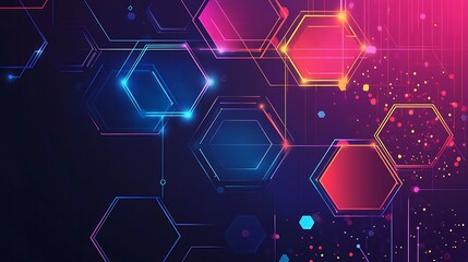 Abstract geometric pattern with glowing hexagons and lines in blue, red and pink.