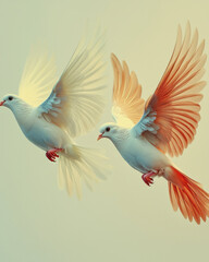 Obraz premium A pair of doves with open wings, gliding together on a light pastel background,