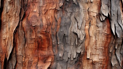 Close-up of rugged tree bark reveals its textured layers in rich earthy tones of brown and gray, highlighting its natural beauty.