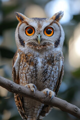 A wise owl with wide, glowing eyes, perched on a branch,