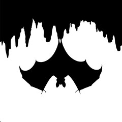 Silhouette of a bat hanging in a dark cave and shadowing the night. Minimalist illustration for Halloween