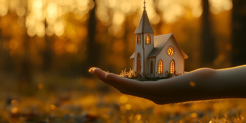 Small House Model in Hand Against Golden Autumn Backdrop Real Estate Concept
