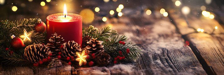 Christmas background - First Advent Sunday - Red Advent candle with natural Xmas decoration, branches and pine cones on rustic wood with magic lights