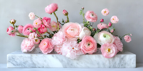 Lush Pink Ranunculus Flowers Arranged on Marble Slab