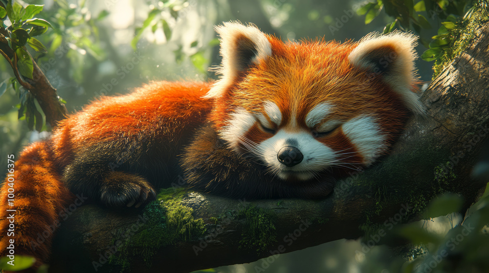 Poster a red panda curled up on a tree branch, surrounded by lush greenery,