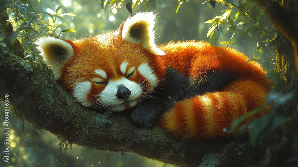 Poster a red panda curled up on a tree branch, surrounded by lush greenery,