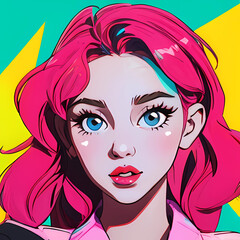 Artistic illustration. Portrait of a young woman with pink hair in pop art style on a colored background