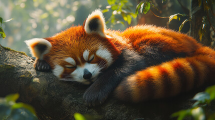 Fototapeta premium A red panda curled up on a tree branch, surrounded by lush greenery,