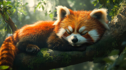 Naklejka premium A red panda curled up on a tree branch, surrounded by lush greenery,