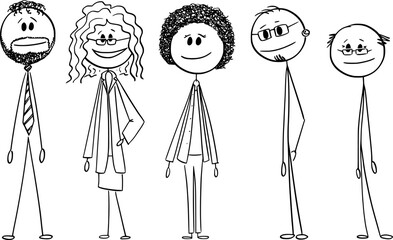 Diverse team of coworkers or business people , vector cartoon stick figure or character illustration.