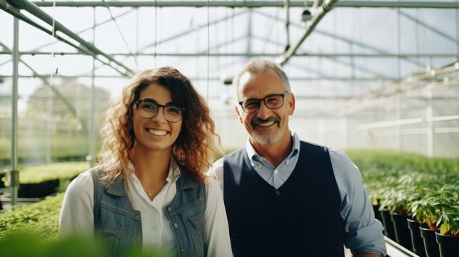 A businesswoman and a manager stand smiling together in a lush greenhouse, surrounded by vibrant plants and bathed in natural light.