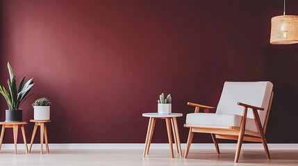 eclectic Scandinavian interior with bold burgundy wall and curated decor